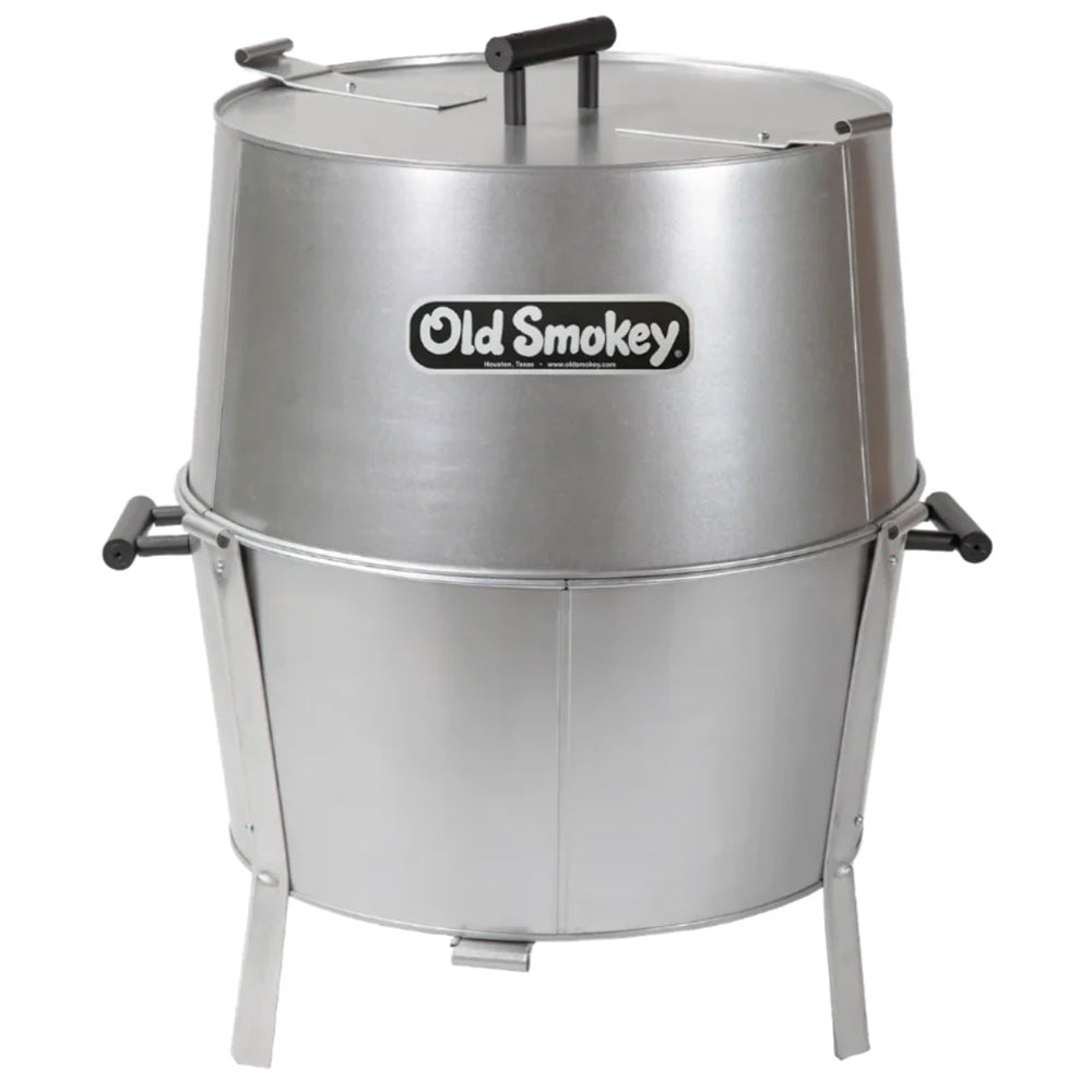 Stainless steel barrel-style smoker with 'Old Smokey' branding on a white background