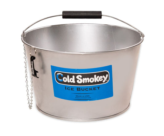 Metal ice bucket with 'Cold Smokey' label on a white background