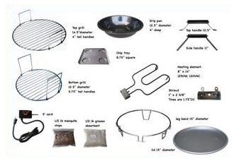 Set of barbecue grill parts with dimensions and specifications.